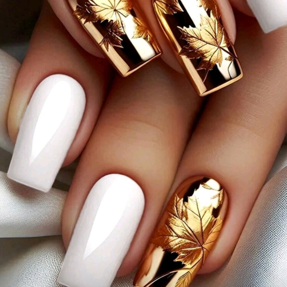 Gold Leaf White Nails